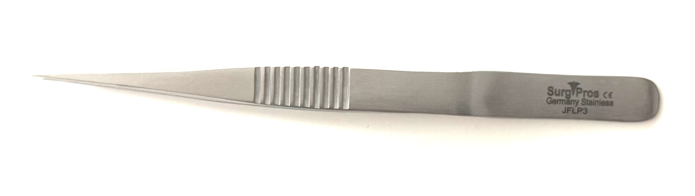 JFLP3 Tissue Forceps, By Pierse 13.5cm long, Flat Handle 9mm Wide, Straight Tip 0.3mm diameter
