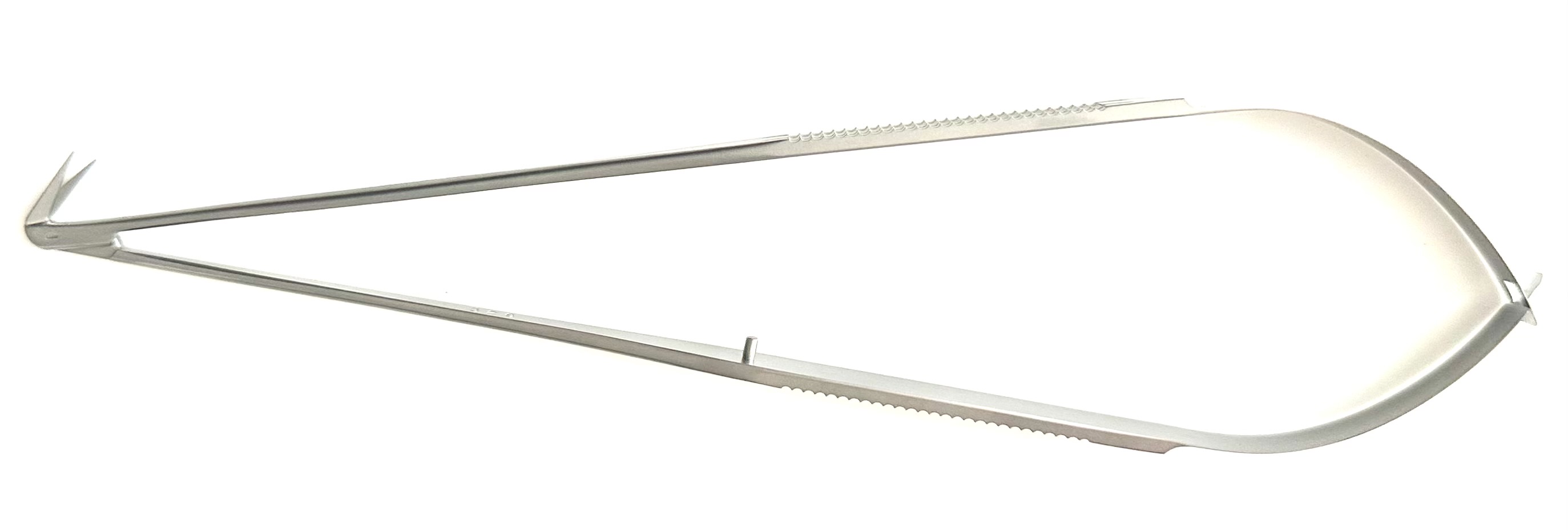 Jacobson Micro Scissors, spring style, flat handle, V-neck, 125° angled micro fine blades, 8"